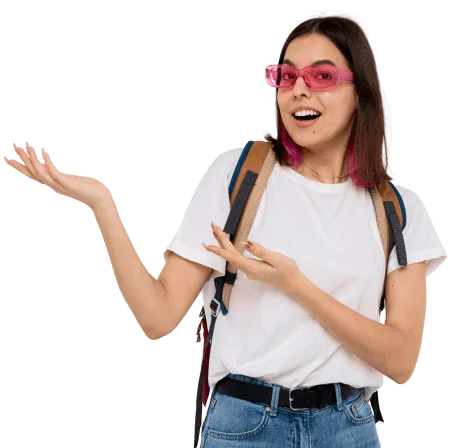 Smiling traveller wearing a backpack and sunglasses