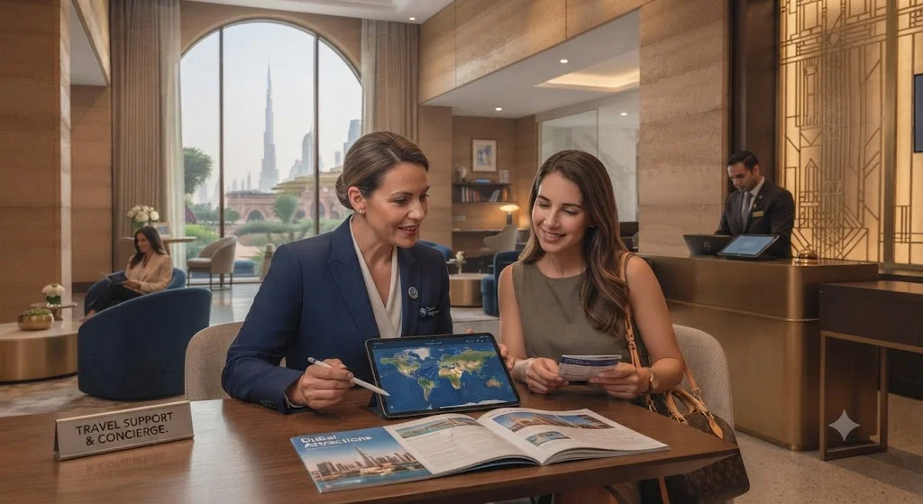 Travel support agent assisting a guest