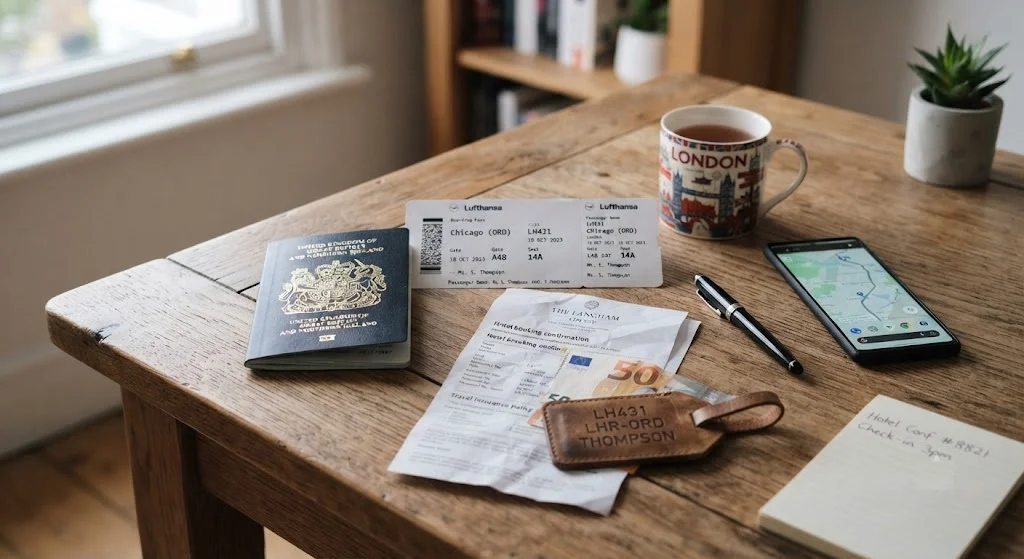 Passport, boarding pass and travel documents on a desk