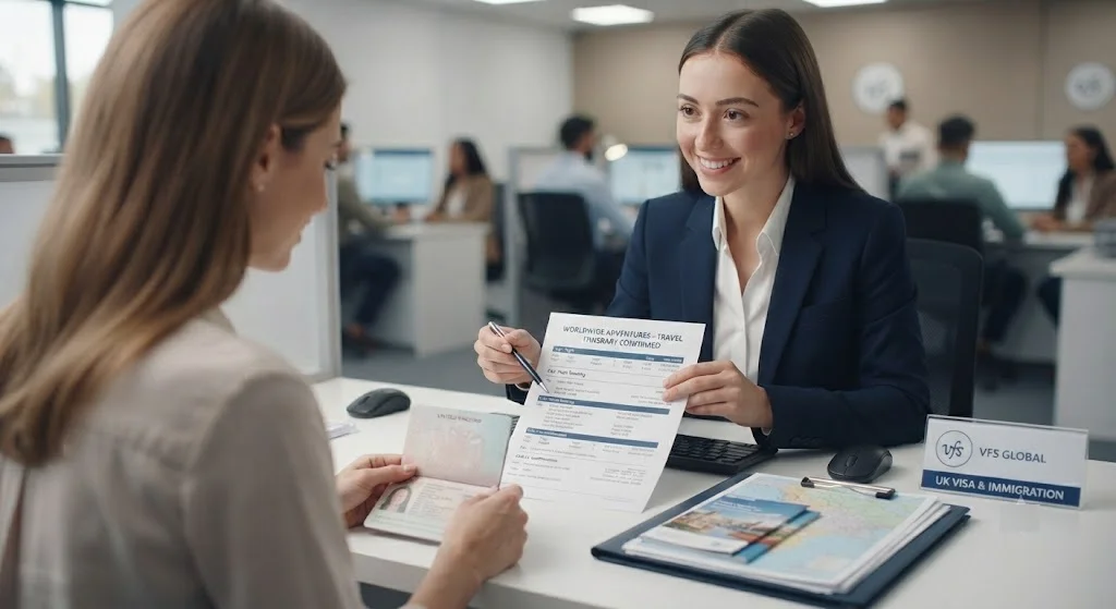 Travel advisor reviewing documents with a traveler