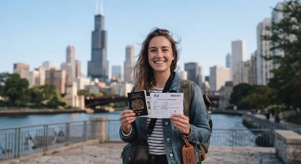 Traveler with passport at a landmark